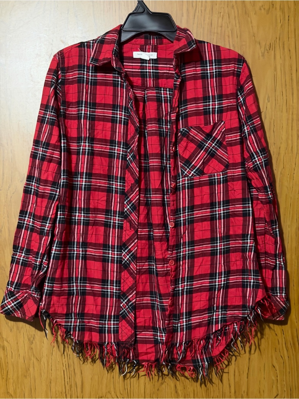 beachlunchlounge Red Plaid Button-Down Shirt with Fringe Hem